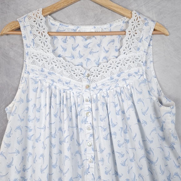 Eileen West Nightgown Womens Medium White Blue Floral Lace Sleeveless Ruffle - Picture 2 of 16